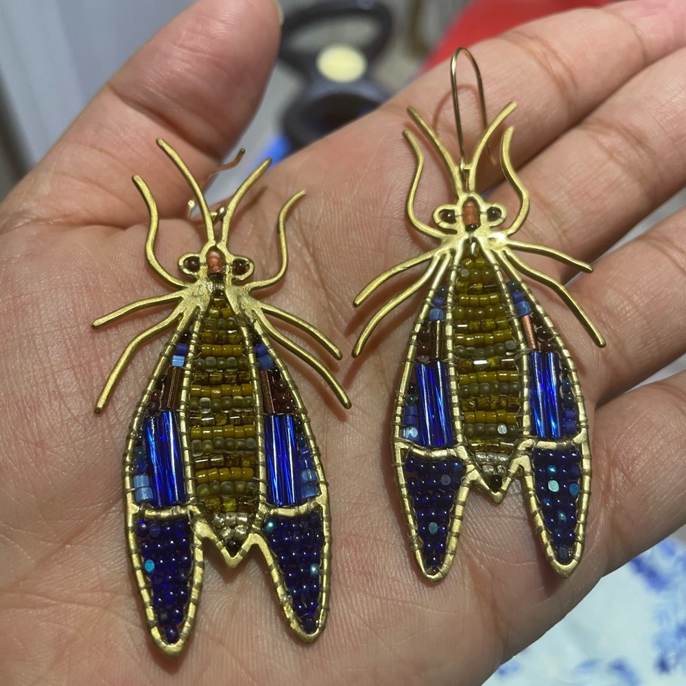 Alchemilla Jewelrey Gold and Peacock Blue Beaded Magical Bug Insect Earrings